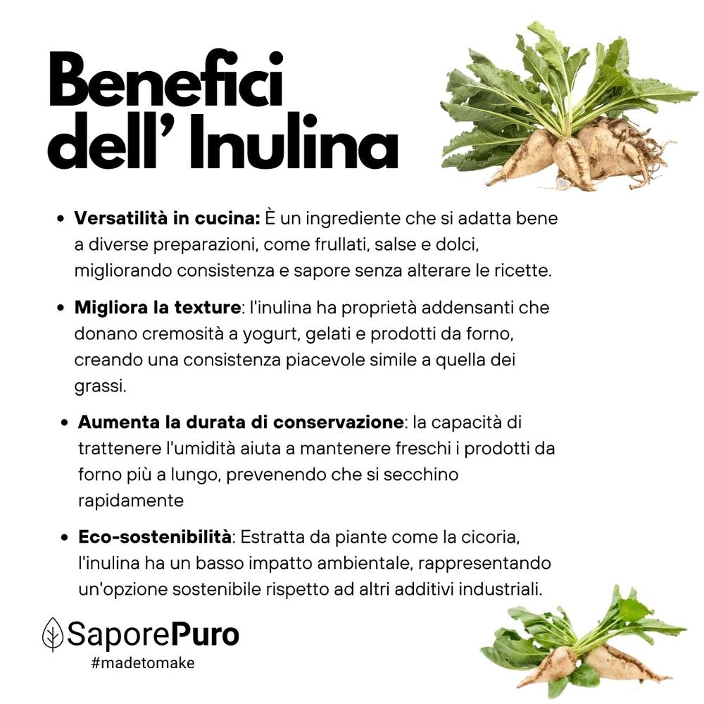 Pura inulina a catena lunga in polvere da SaporePuro, origine Europa, showing fine, white powdered supplement for digestive health