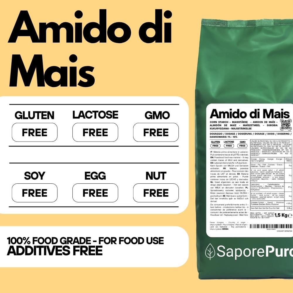 SaporePuro natural cornstarch (amido di mais) in a white package, showcasing its gluten-free and functional thickening properties.