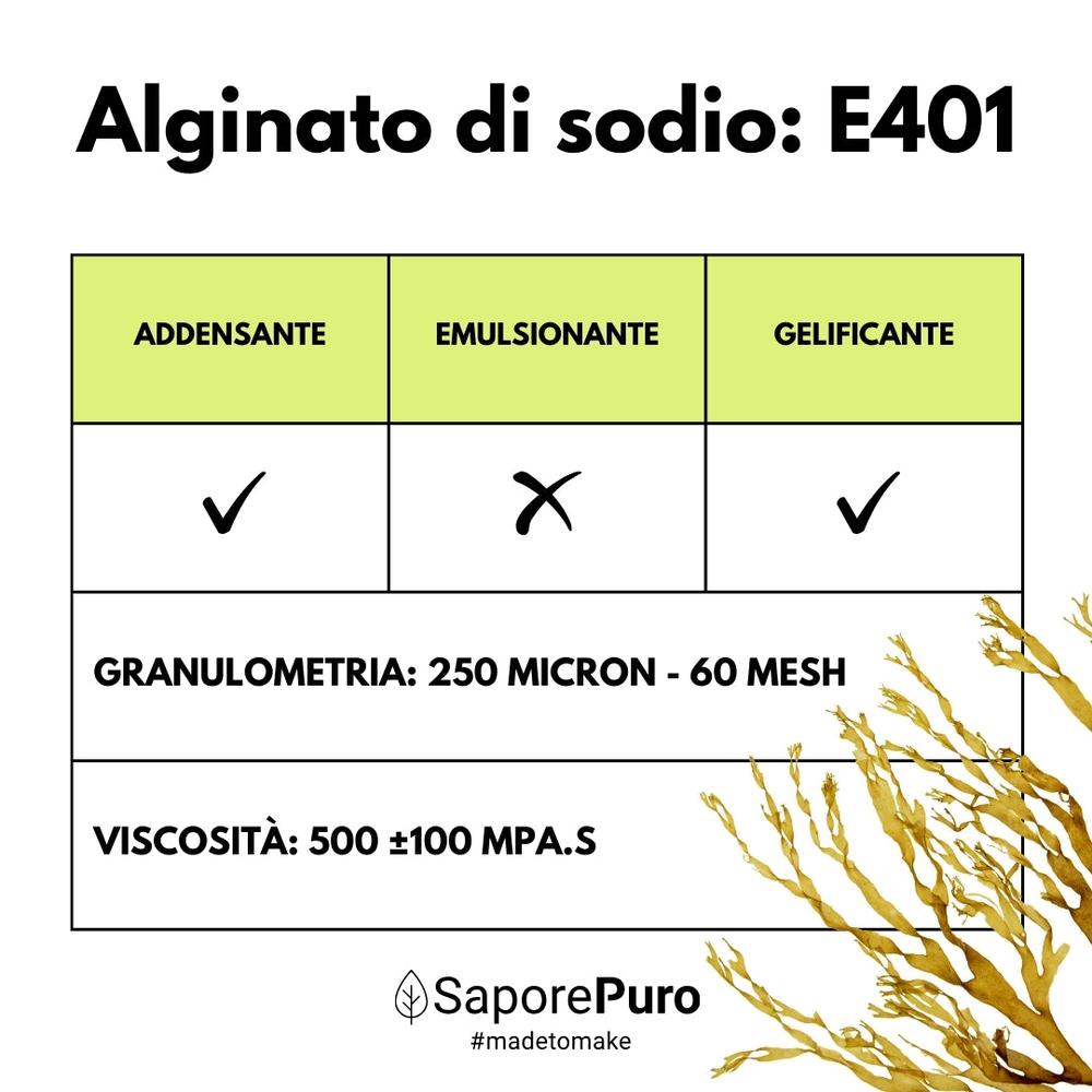 Sodio alginato gelificante naturale SaporePuro, ingrediente per cucina e forno, used in molecular spherification and food gelation.