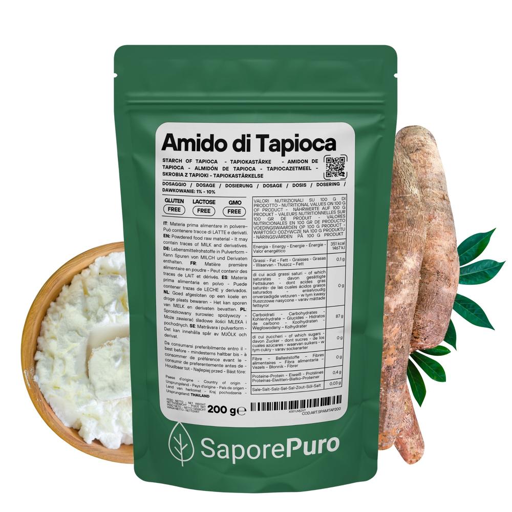 Bag of SaporePuro native tapioca starch, showing the packaging with tapioca pearls and product branding.