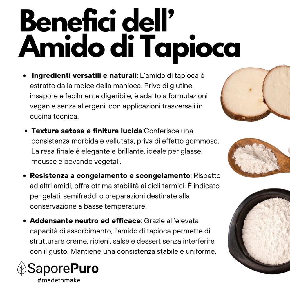 SaporePuro native tapioca starch in a clear bag, showing white, fine, powdery texture for cooking and baking.