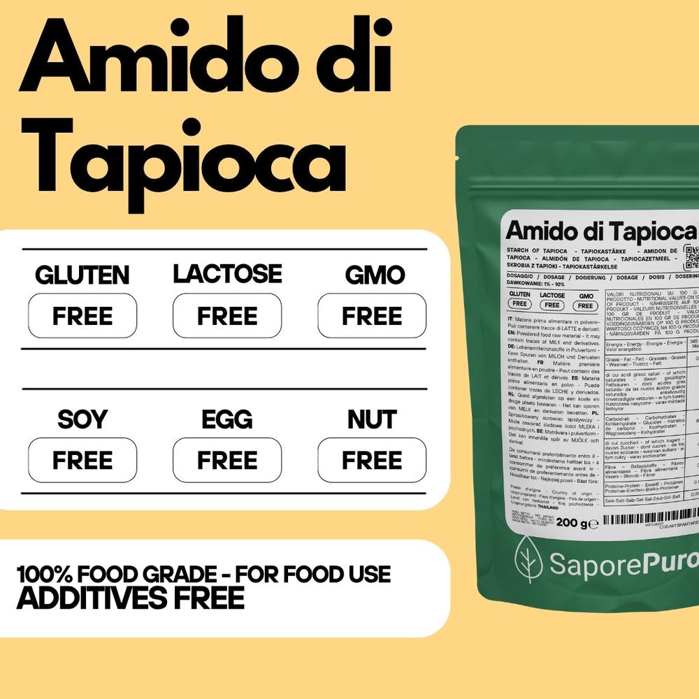 SaporePuro native tapioca starch in a clear bag, ready for cooking, with a focus on the white tapioca pearls and packaging.