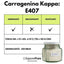 SaporePuro Carragenina Kappa (E407) packaged in Italy, close-up of the gelatinous, white powdered food additive in a clear container.