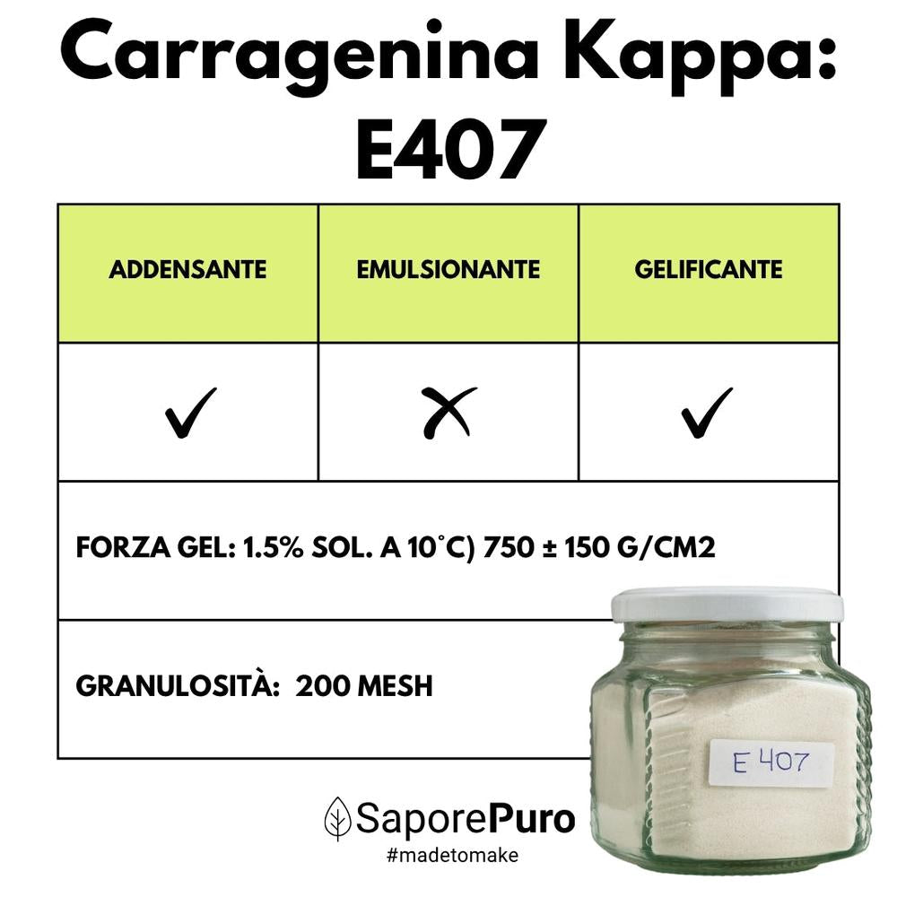 SaporePuro Carragenina Kappa (E407) packaged in Italy, close-up of the gelatinous, white powdered food additive in a clear container.