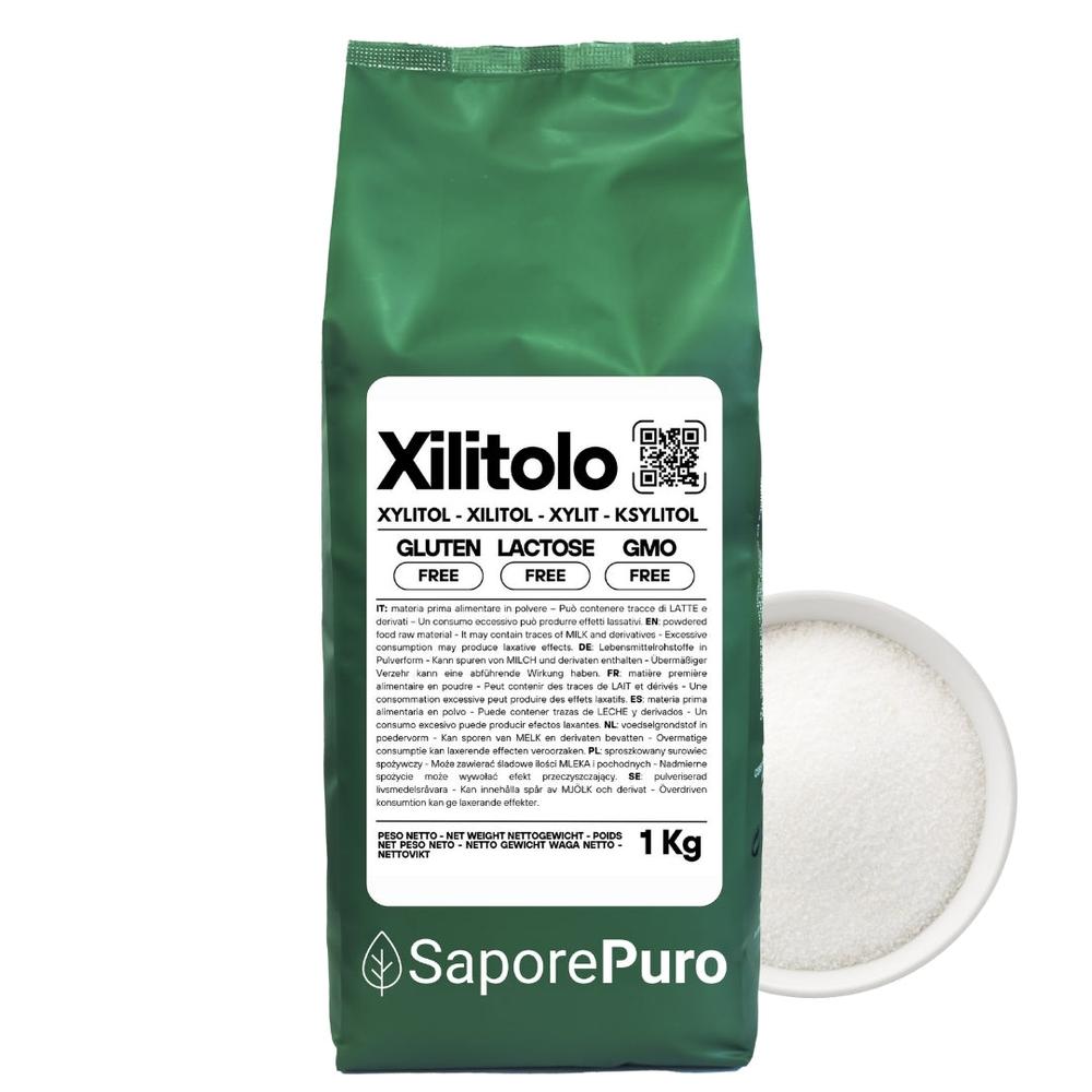 SaporePuro Xilitolo natural sweetener with fewer calories, featuring white crystalline sugar-like appearance in a close-up image.