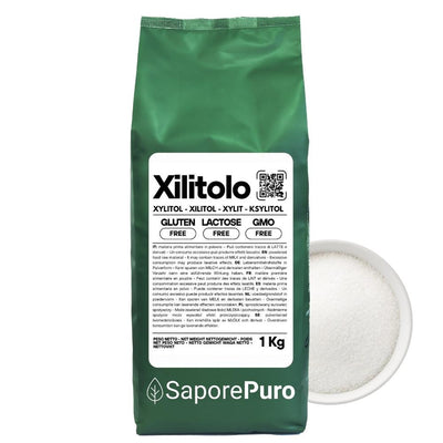 SaporePuro Xilitolo natural sweetener with fewer calories, featuring white crystalline sugar-like appearance in a close-up image.