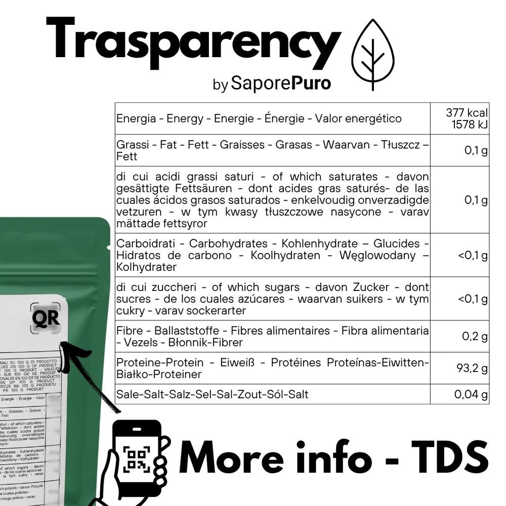 Vegan potato protein isolate by SaporePuro, displayed in a clean container, ideal for vegan baking and plant-based protein recipes.