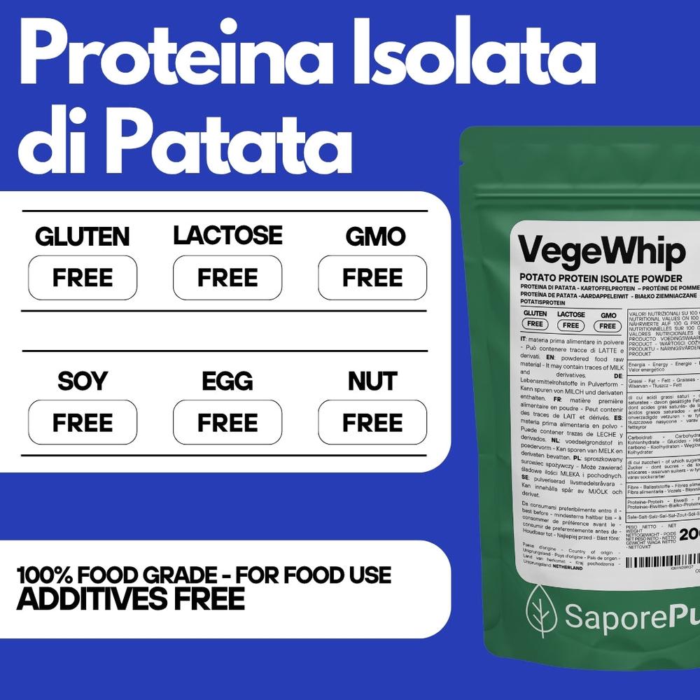 SaporePuro Vegane Proteine Isolate di Patata, plant-based vegan protein powder in a white container with label.