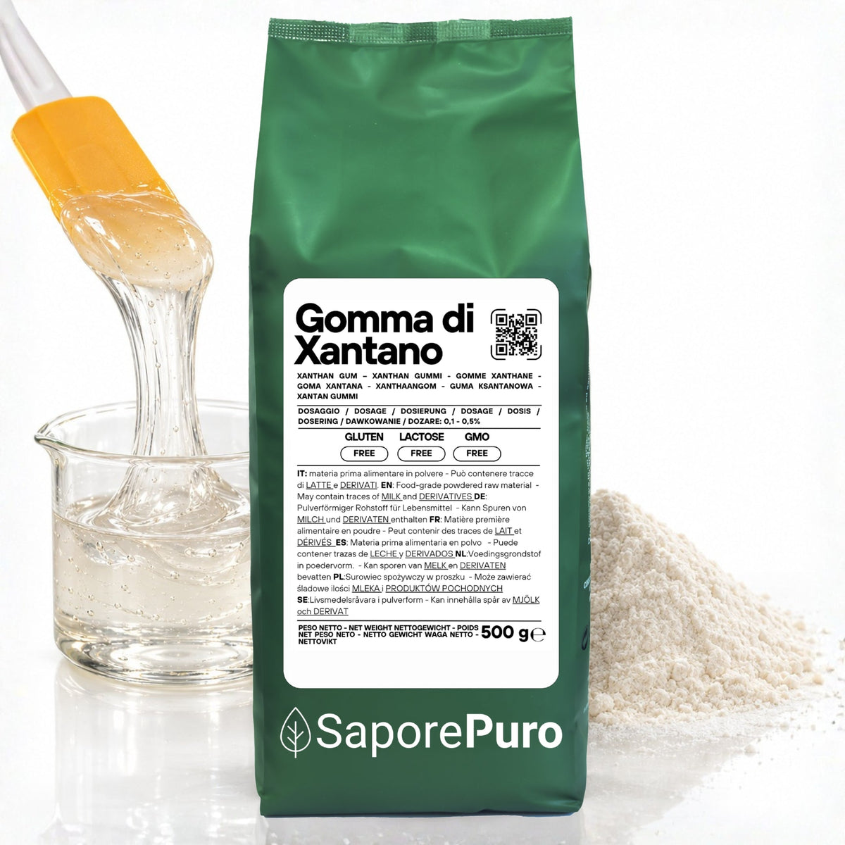 Gomma di xantano E415 di SaporePuro, confezionata in Italia, mostrata in immagine con confezione e ingredienti naturali