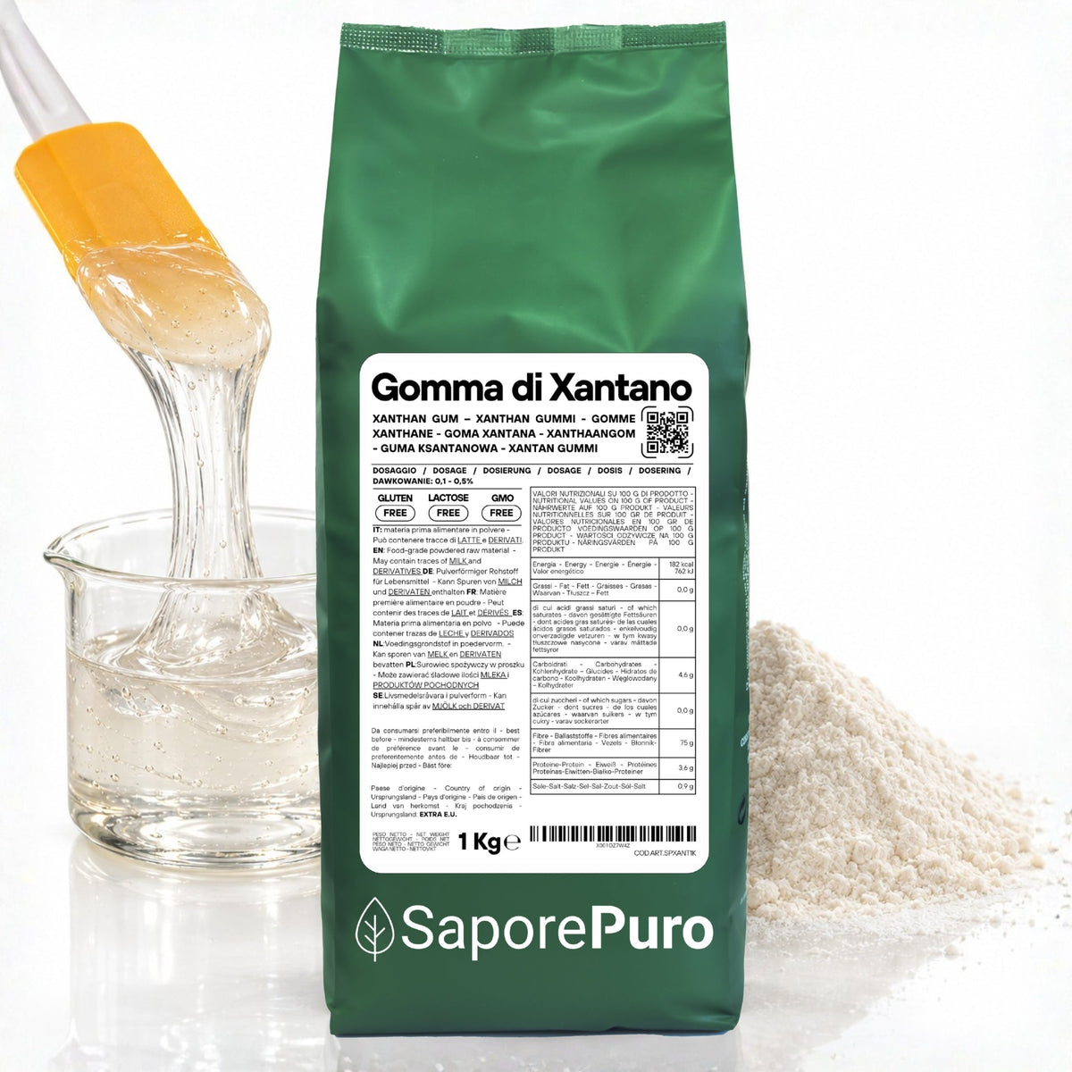 Gomma di xantano SaporePuro, E415, confezionata in Italia, ingrediente naturale usato in cucina e pasticceria.