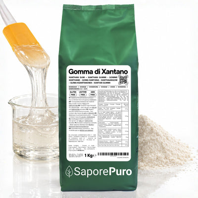 Gomma di xantano SaporePuro, E415, confezionata in Italia, ingrediente naturale usato in cucina e pasticceria.