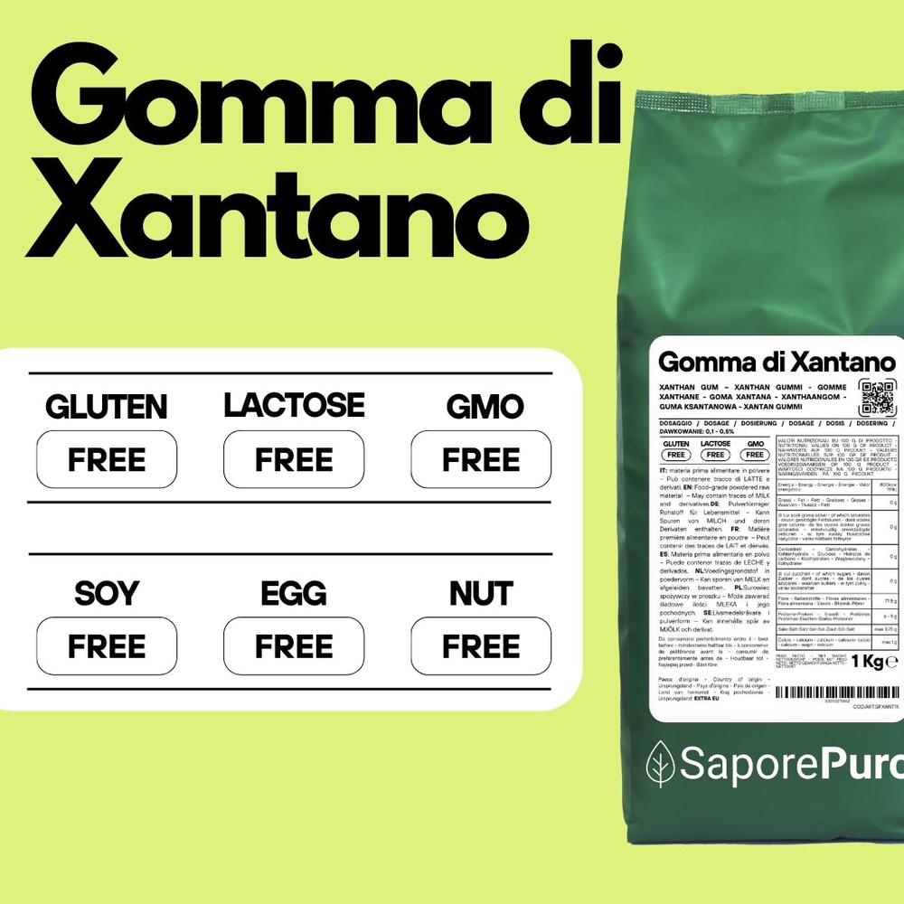SaporePuro Xantano gum E415 packaged in Italy, close-up of the gluten-free, natural thickening agent in a sealed package