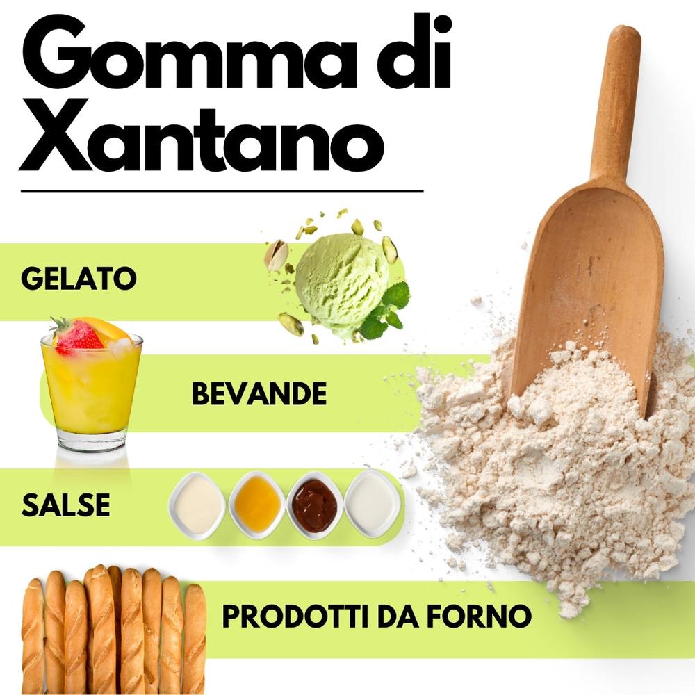 SaporePuro Xantano E415 gum in packaging, natural food additive for thickening and stabilizing in Italian-made product.
