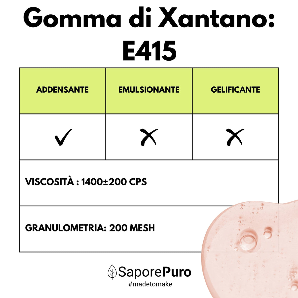 Gomma di xantano SaporePuro E415 in confezione, ingrediente naturale utilizzato in cucina e pasticceria, immagine del prodotto.
