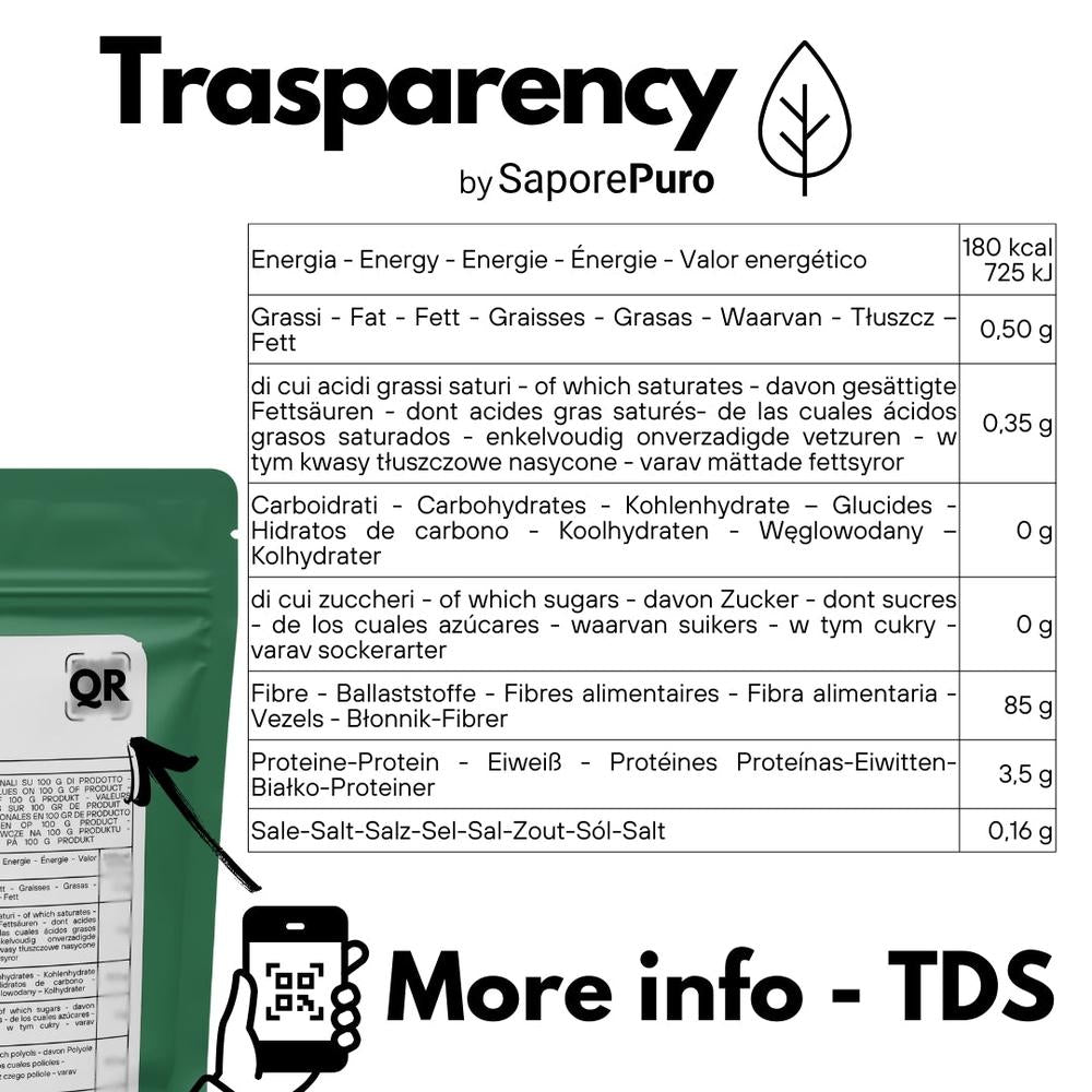 Bag of SaporePuro guar seed flour (E412) from India, used for cooking and baking, packaged in Italy with a clear label.