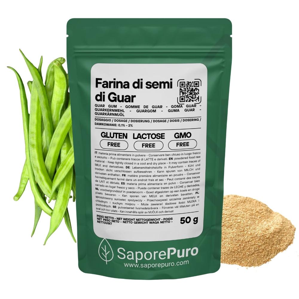SaporePuro guar seed flour (E412) in a package, Indian origin, used for cooking and baking, Italian packaging.