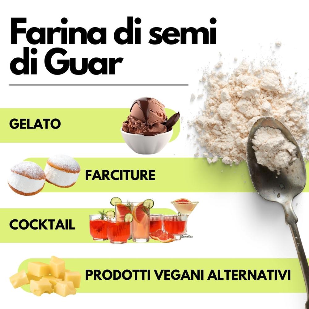 Farina di semi di guar SaporePuro, ingredienti per cucina e forno, confezionata in Italia, proveniente dall'India, in sacchetto bianco.