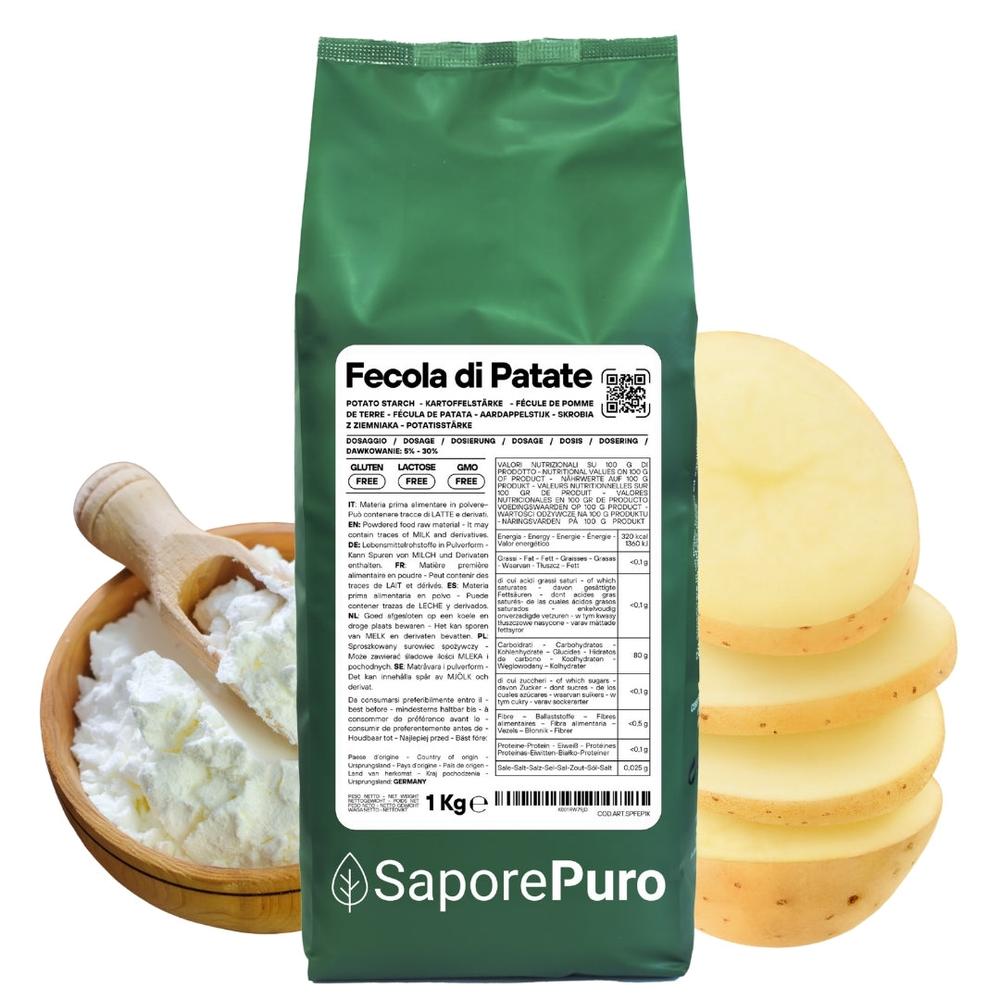 Fecola di patate SaporePuro in confezione, prodotto italiano, visibile in immagine con sacchetto di fecola di patate.