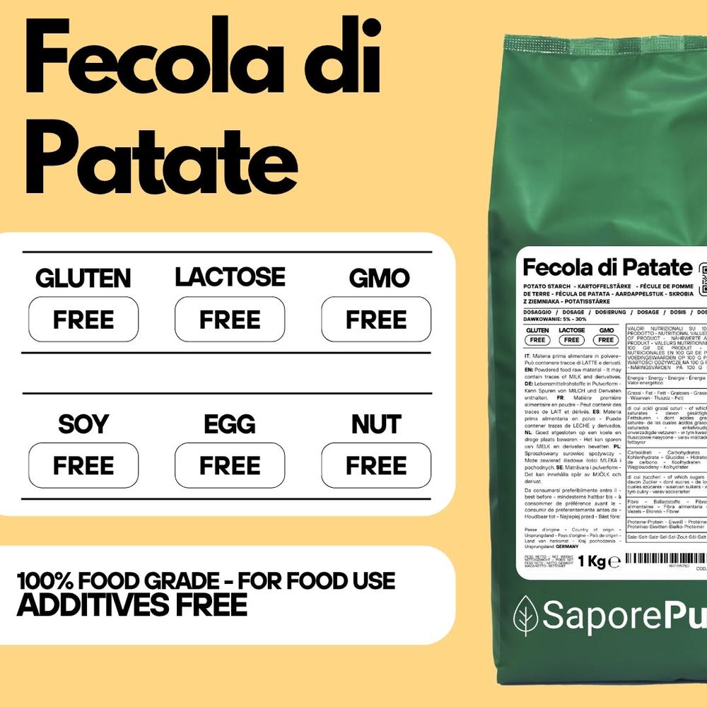Fecola di patate SaporePuro in confezione, prodotto italiano, visibile in immagine.