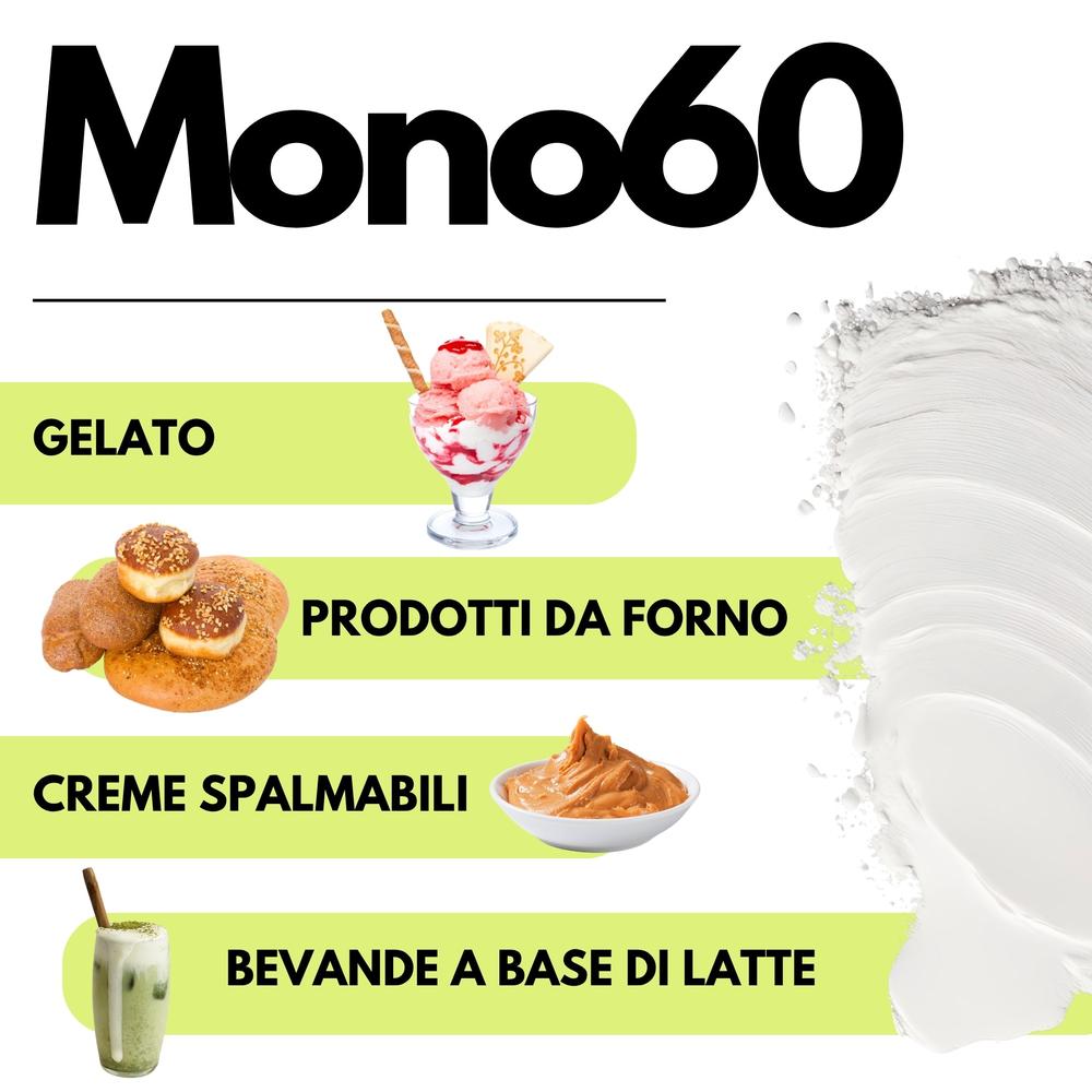 Emulsionante Mono60 E471 SaporePuro, ingrediente alimentare di alta qualità per gelati, pasticceria e panificazione.