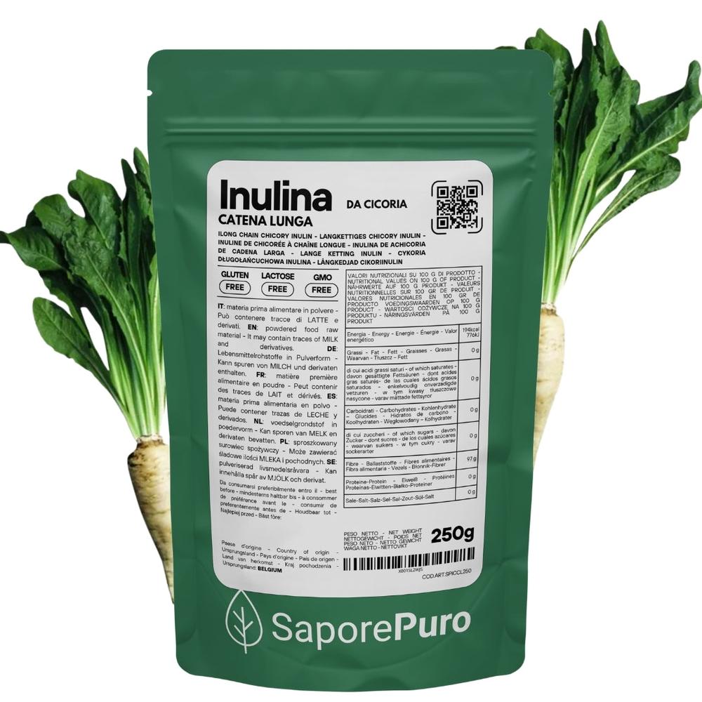 SaporePuro long chain inulin powder in a white container, showing the product label and a scoop of powder on a clean surface.