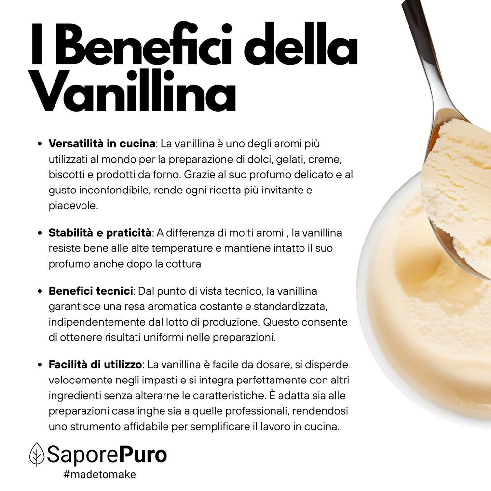 Bottle of SaporePuro Vanillina Pura with vanilla aroma, showcasing the intense and persistent vanilla flavor in a clear container.