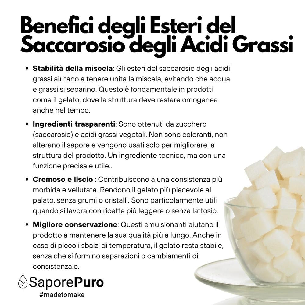 Bag of Esteri del Saccarosio Sucresteri E473, cooking and baking ingredient from SaporePuro, with white crystalline sugar details.