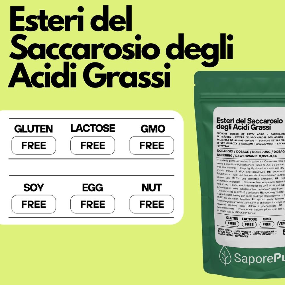 Eteri del Saccarosio Sucresteri E473 ingredient for baking and cooking by SaporePuro, shown in a clear container.