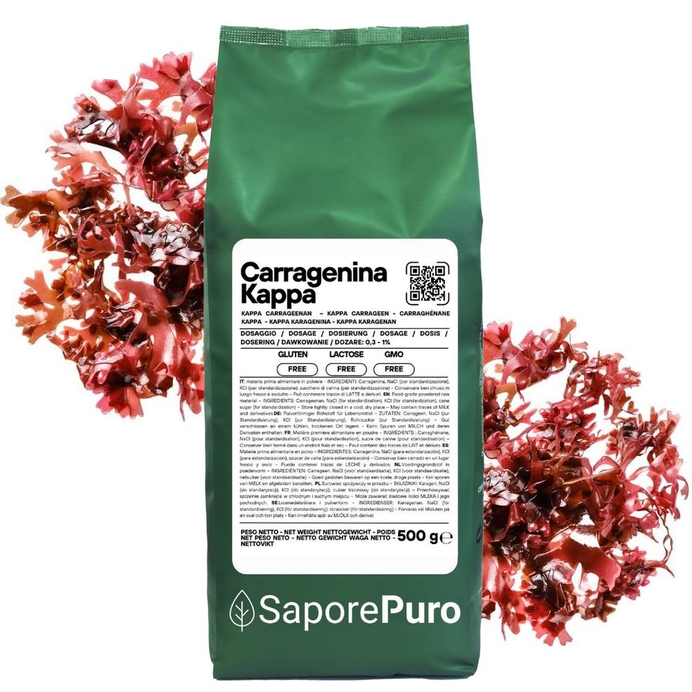 SaporePuro Carragenina Kappa (E407) powdered gelling agent packaged in Italy, shown in a close-up image.