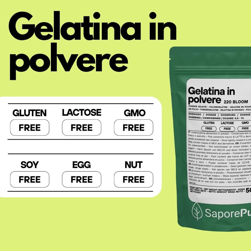 SaporePuro instant gelatin 200-220 bloom, ingredient for cooking and baking, shown in a clear package.