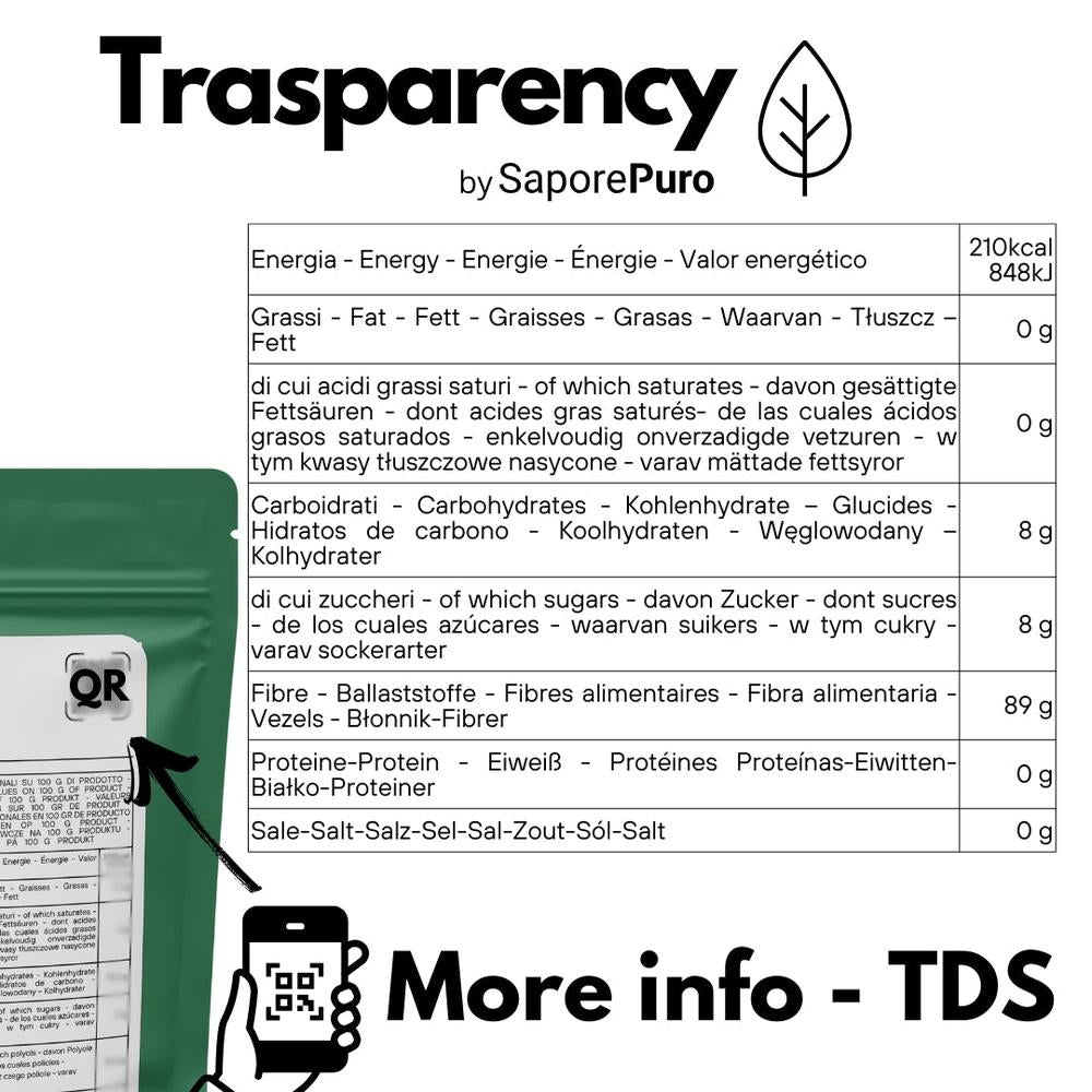 Oligofruttosio SaporePuro, sostituto naturale dello zucchero, in confezione con etichetta che mostra il prodotto e origine europea.