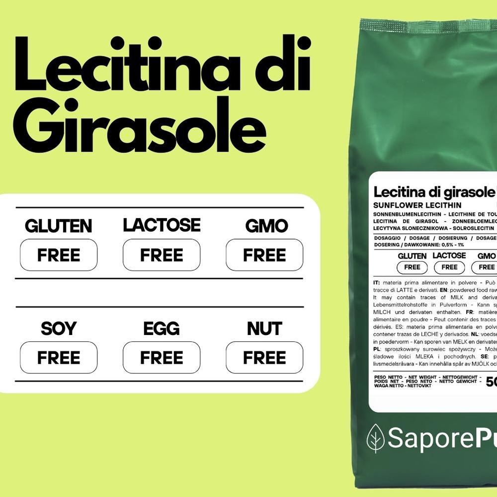 SaporePuro Lecitina di Girasole E322 de-oleata, sunflower lecithin ingredient for cooking and baking, in a resealable bag