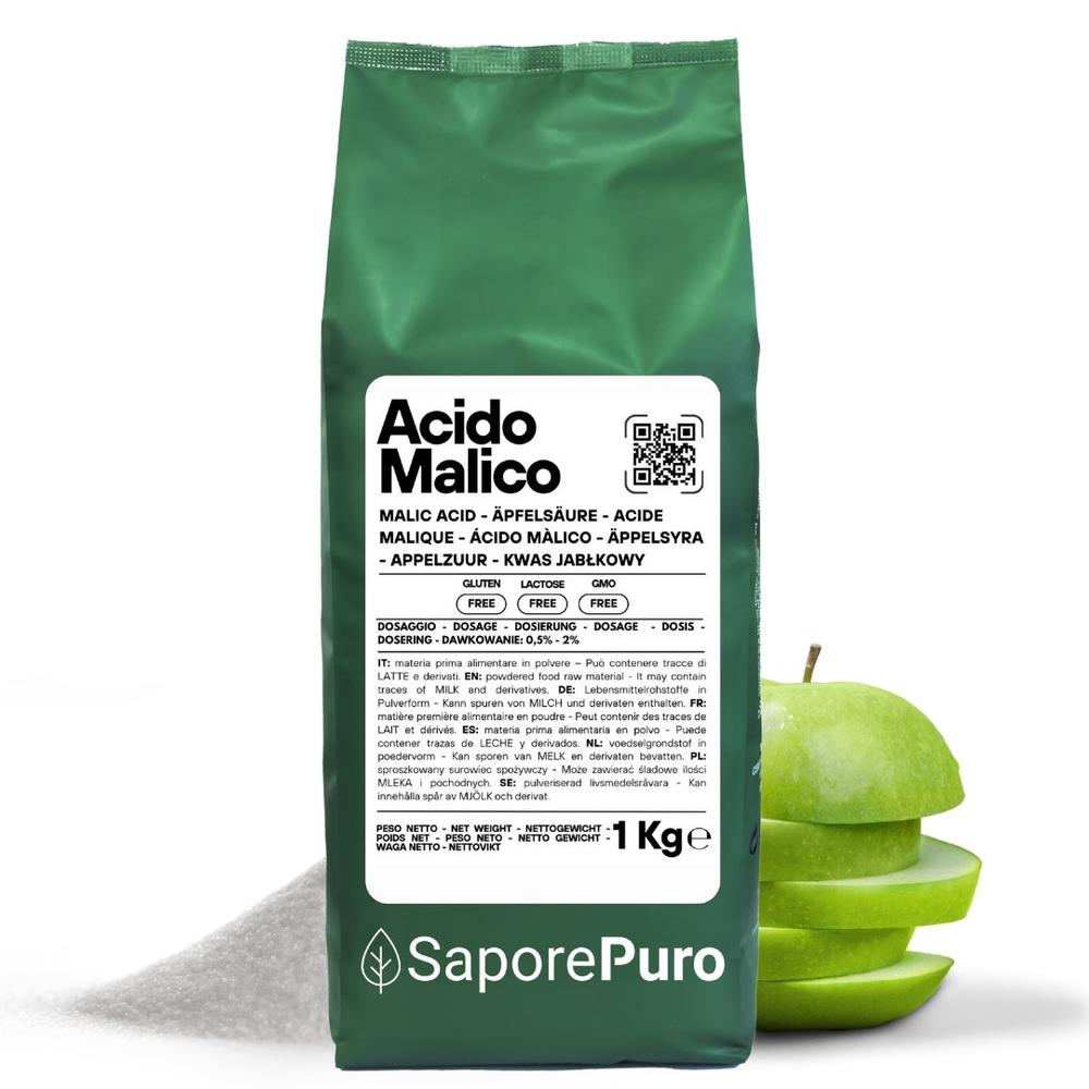 SaporePuro Acido Malico Premium acidificante in professional-grade packaging for mixology and enology, made in Italy.