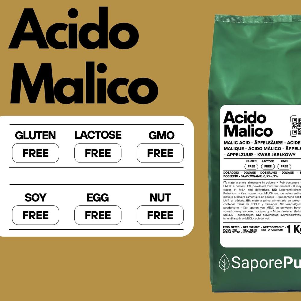 Premium SaporePuro Malic Acid, Italian-made, professional-grade ingredient for mixology and winemaking, shown in white powder form.