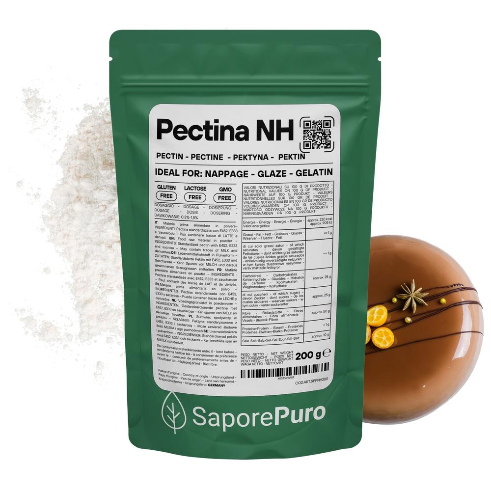 SaporePuro Pectina NH gelatine for nappage, glazing, and jelly making, shown in a clear container with a fine powder texture.