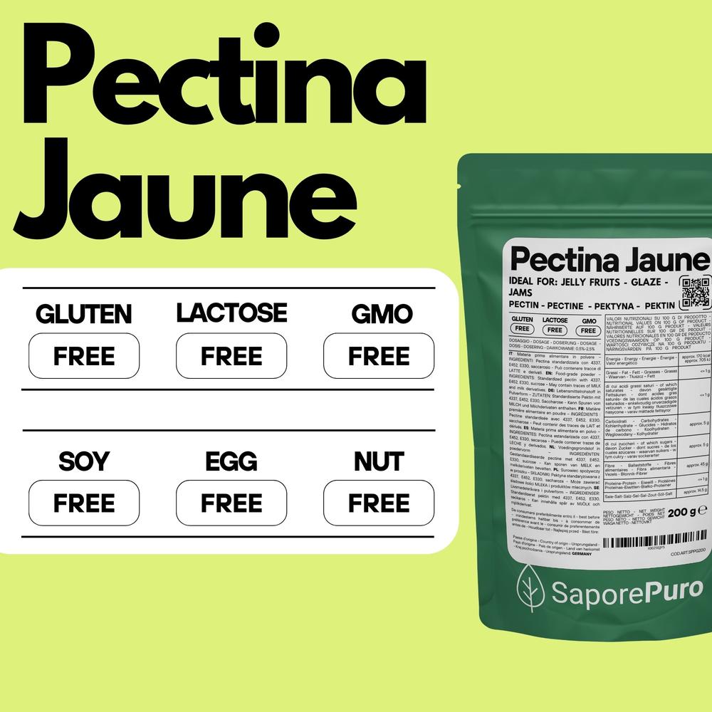 SaporePuro Pectina Gialla gelatine di frutta and marmellate jar with yellow label and fresh fruit illustrations.