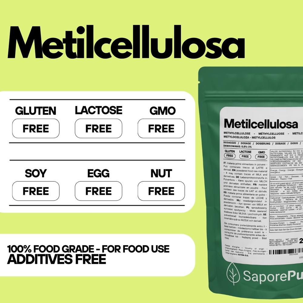 SaporePuro Metilcellulosa alimentare, addensante e gelificante, in packaging with powder texture, suitable for cooking and baking.
