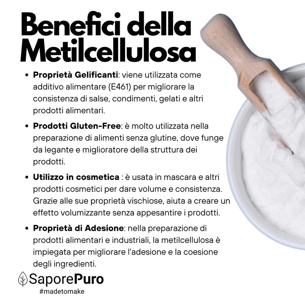 SaporePuro Metilcellulosa Alimentare addensante and gelificante powder in a clear plastic bag with label, ready for cooking or baking.