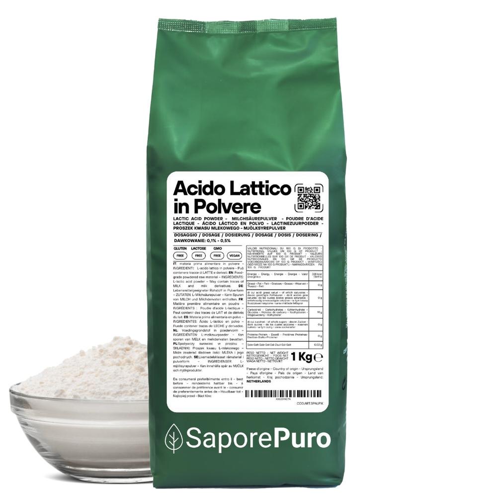 White powdered acido lattico supplement in a clear container, labeled as SaporePuro additivo alimentare for food processing.