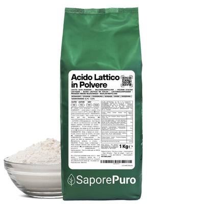 White powdered acido lattico supplement in a clear container, labeled as SaporePuro additivo alimentare for food processing.