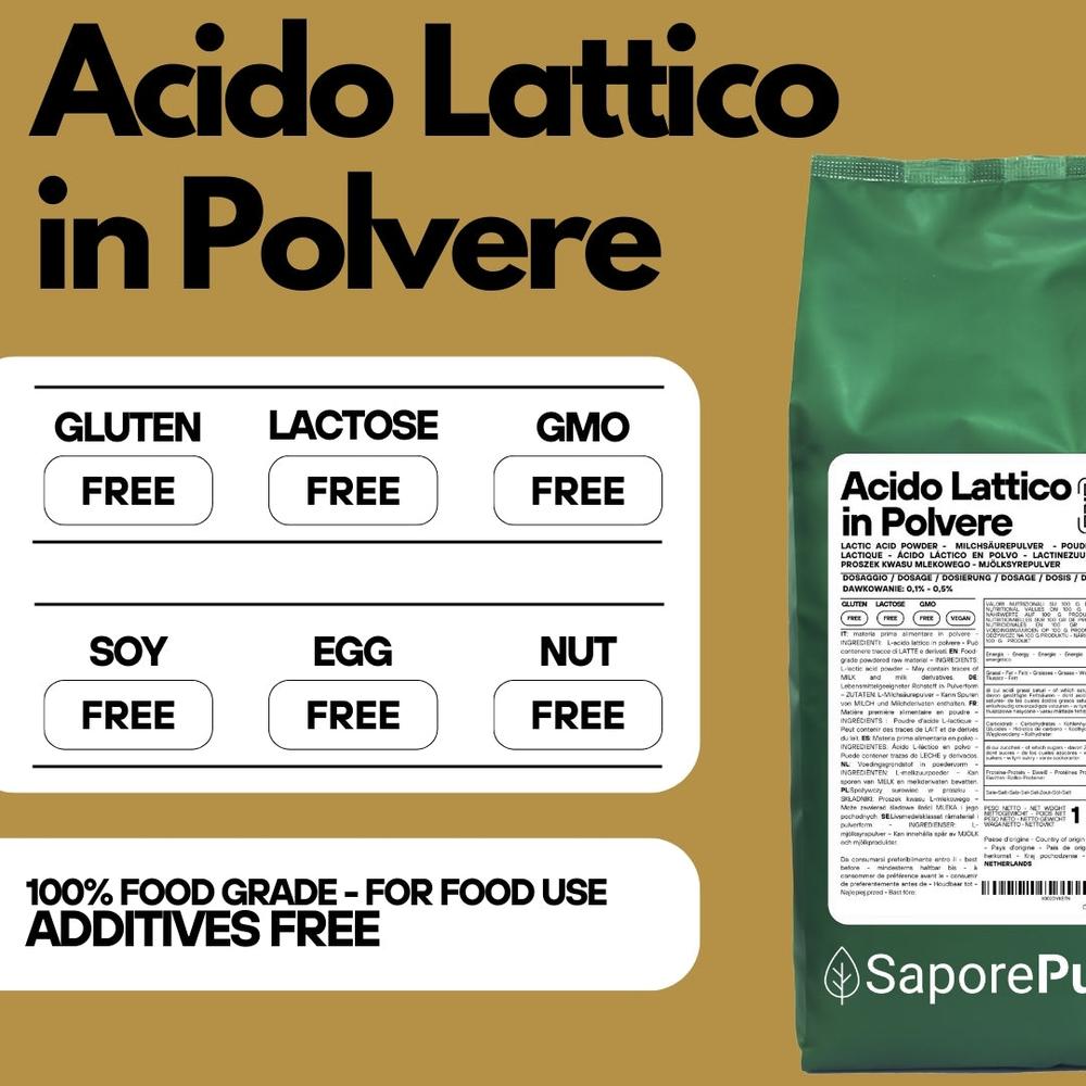 Fine white powder of SaporePuro Acido Lattico in Polvere, a food additive used in culinary and fermentation processes.