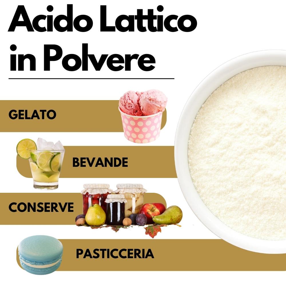 SaporePuro acido lattico in polvere, food additive, close-up of white powder in a clear container for culinary use