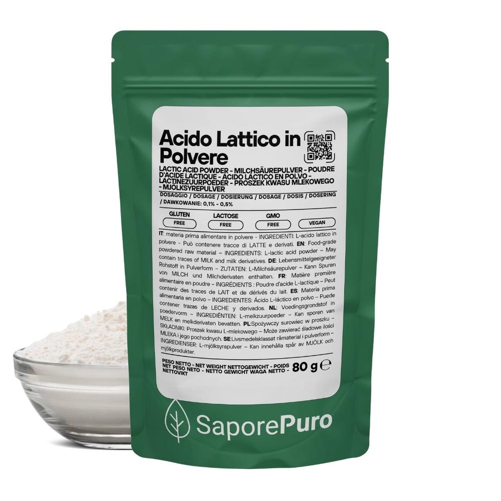 Polvere di acido lattico SaporePuro, additivo alimentare in confezione da 100g, vista close-up del prodotto in sacchetto.