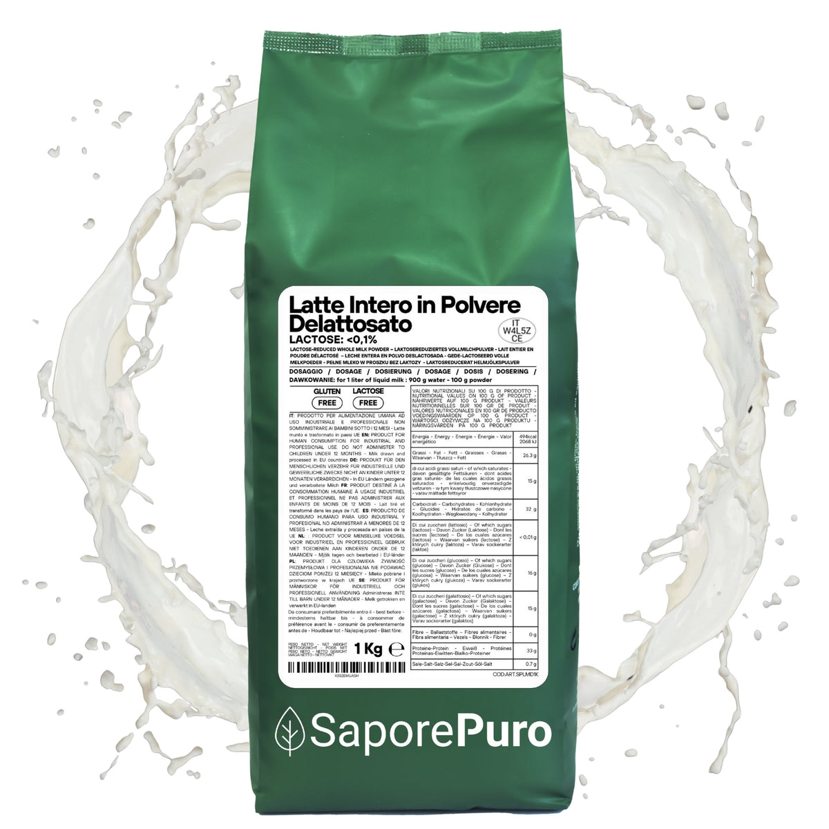 Latte intero in polvere delattosato SaporePuro, ideale per gelati e cucina, visibile in questa immagine.