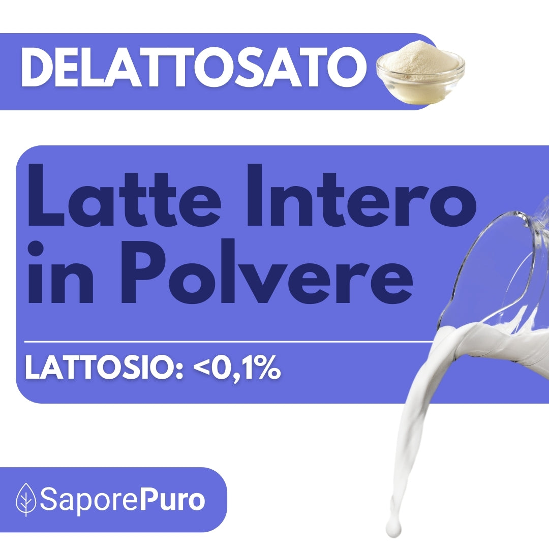 Latte intero in polvere delattosato SaporePuro, ideale per gelati e cucina, con aspetto in polvere bianca fine.
