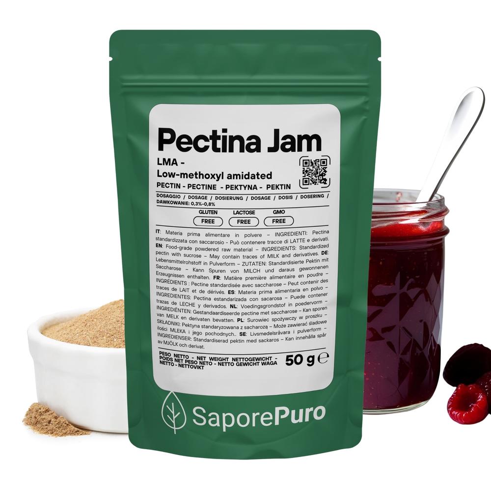 SaporePuro Pectina Jam gelatina in jar, displaying vibrant pink marmellate and gelatin dessert with fresh fruit pieces.