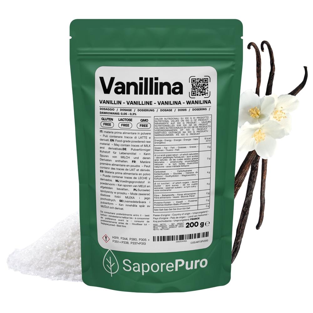 Vanillina Pura from SaporePuro, featuring a close-up of vanilla powder in a glass jar with a wooden spoon on a white background.