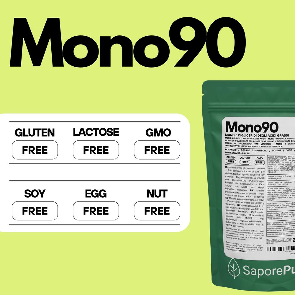 SaporePuro Mono90 emulsifier bottle containing mono and diglycerides of fatty acids, E471, in a clear plastic container.