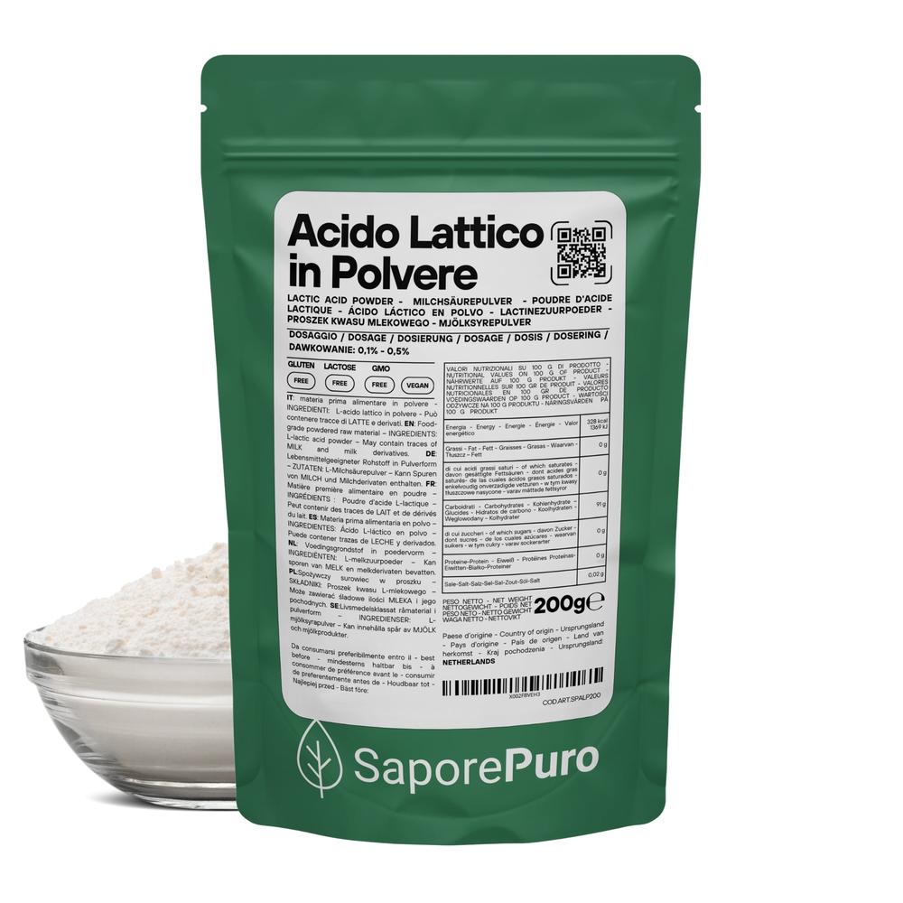 Fine white powder of SaporePuro Acido Lattico in Polvere, an additive alimentare for culinary and food preservation uses.
