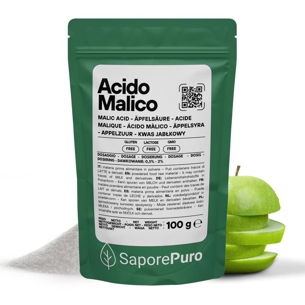 SaporePuro Acido Malico Premium acidificante in a clear bottle for professional mixology and enology applications.